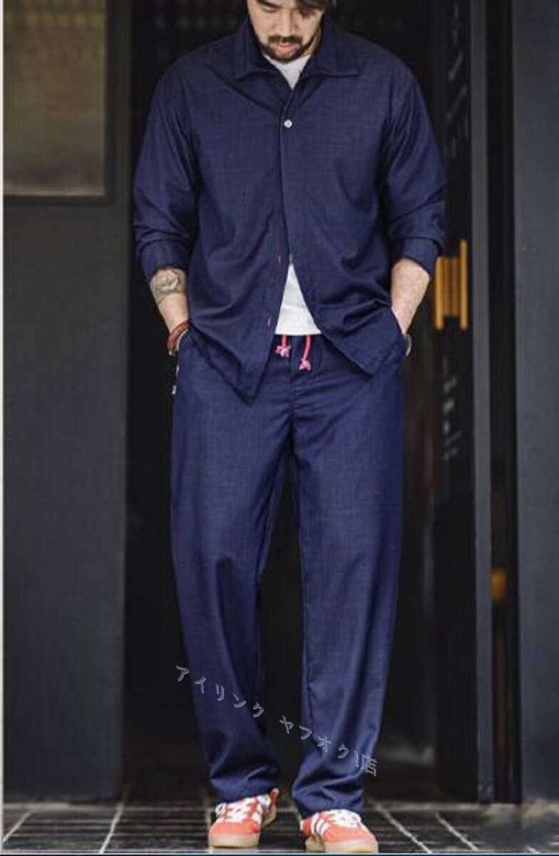 ◆新品秋 ハイセンス 今季 S/S ブラピ着 セットアップ テンセル デニムブルー メンズ 大きいサイズ ゆったり ルーズ インディゴ拍卖