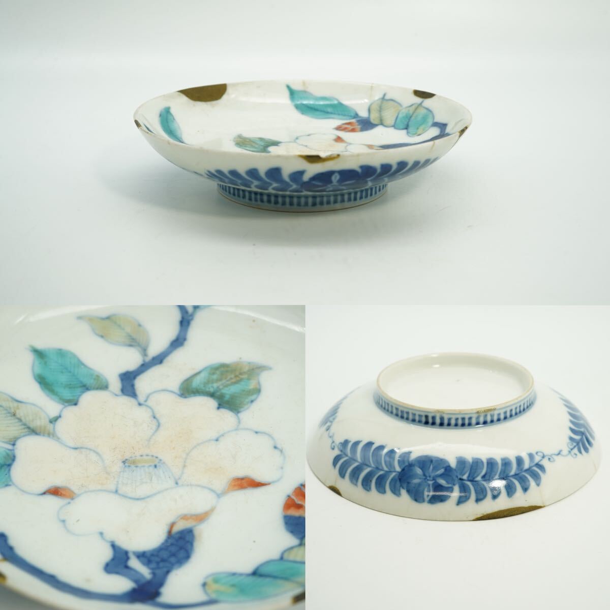 清代 清時代 青花加彩 花文皿 染付五彩 皿 古民窯 中国磁器 白磁 時代物 唐物 陶磁器 中国古玩 骨董品 染付拍卖