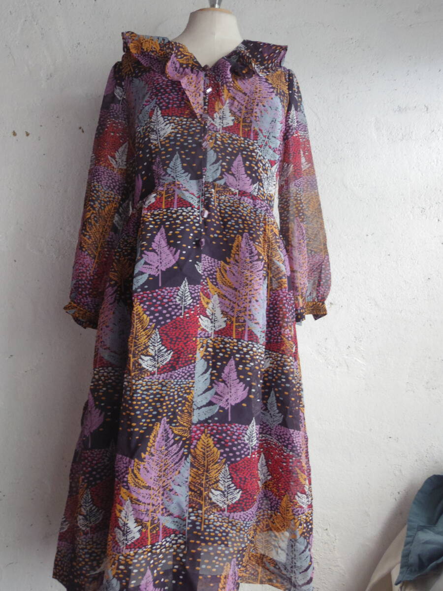 古着♪レトロVintageシフォンフリル襟モダン長袖ワンピ♪昭和レトロワンピース70s60s70年代60年代昭和レトロビンテージクラシカルワンピ拍卖