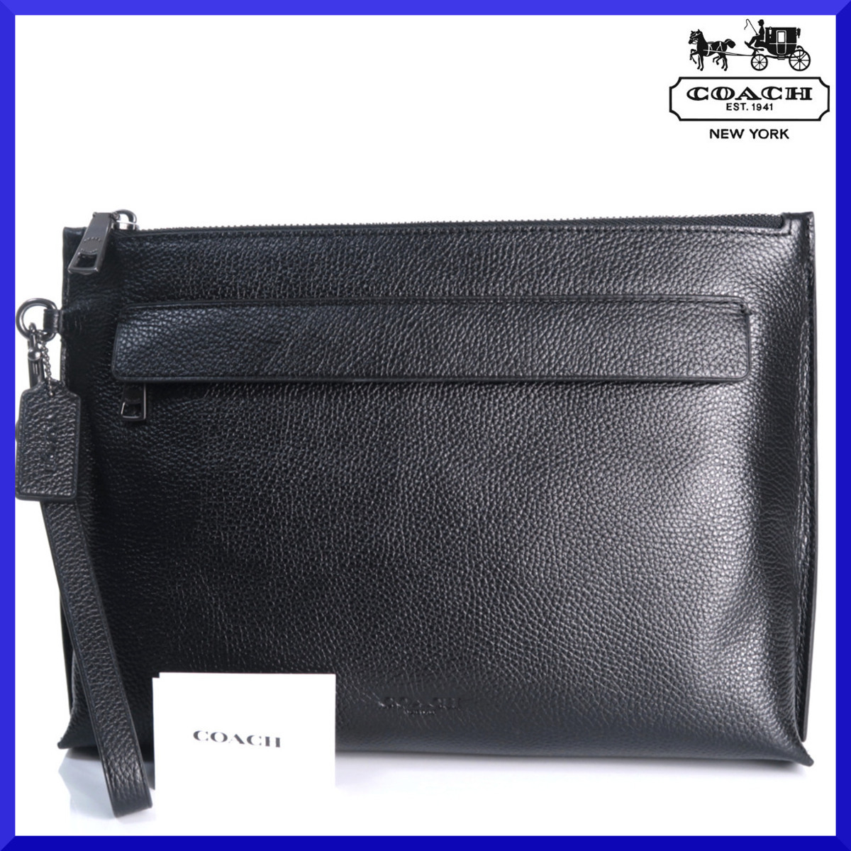 価格5万新品本物コーチCOACH大人気【シボ本革レザーの艶感◎】高級感と機能性を兼備セカンド・クラッチバッグ/ポーチ/ハンドル付/メンズ/黒拍卖