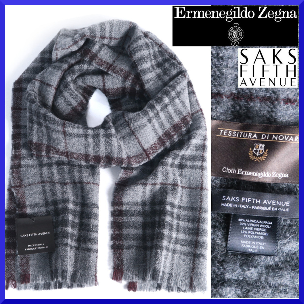 新品本物ゼニア×サックスフィフス限定コラボ!!伊製【大人のチェック柄】ふんわり暖か◎アルパカ混ウールマフラー/ビジネス/メンズ拍卖