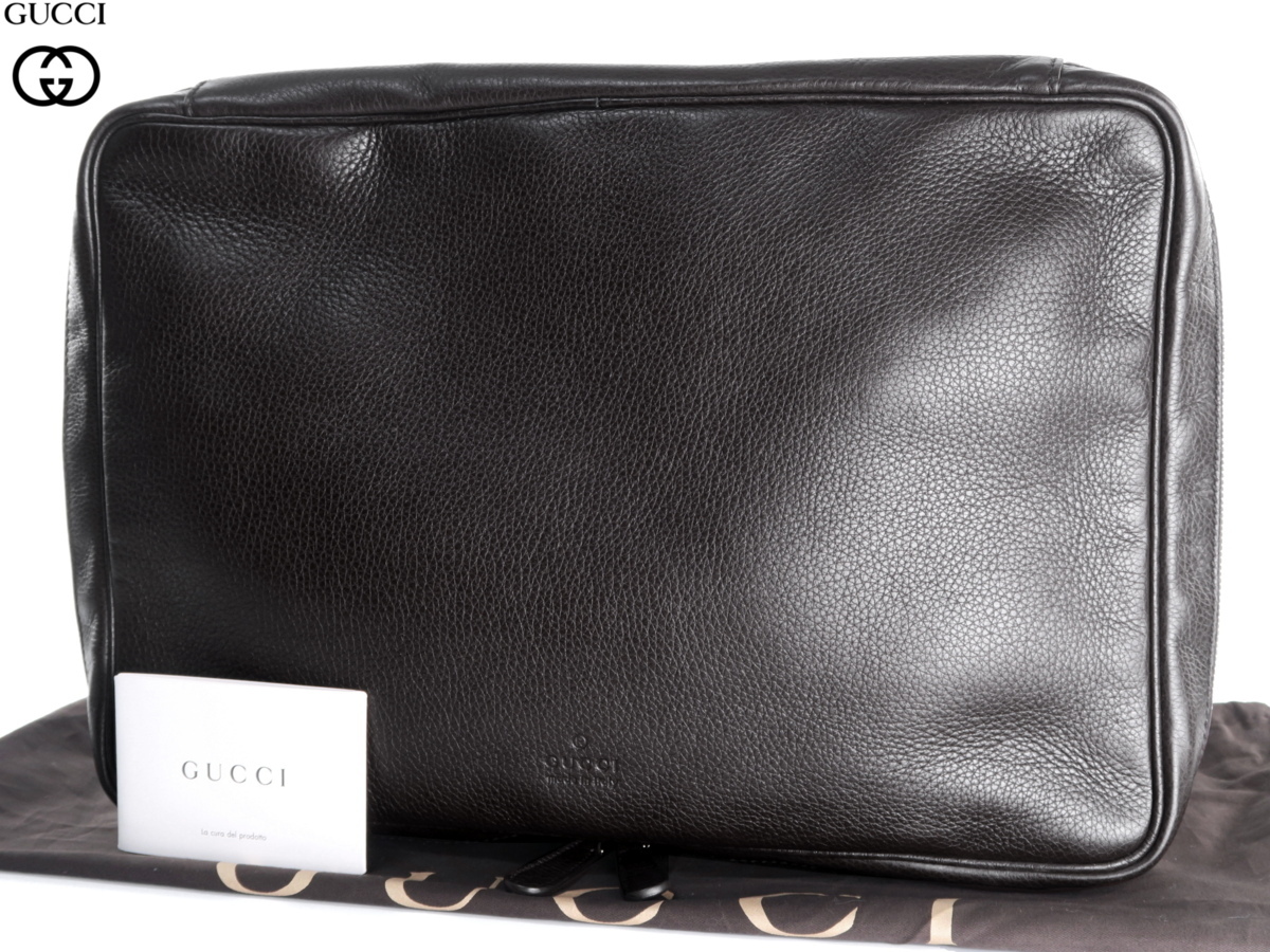 価格13万新品本物グッチGUCCI伊製【優美な艶感◎シボ本革レザー】セカンドクラッチバッグ/書類鞄ポートフォリオ/ビジネス/メンズ/黒/袋付拍卖