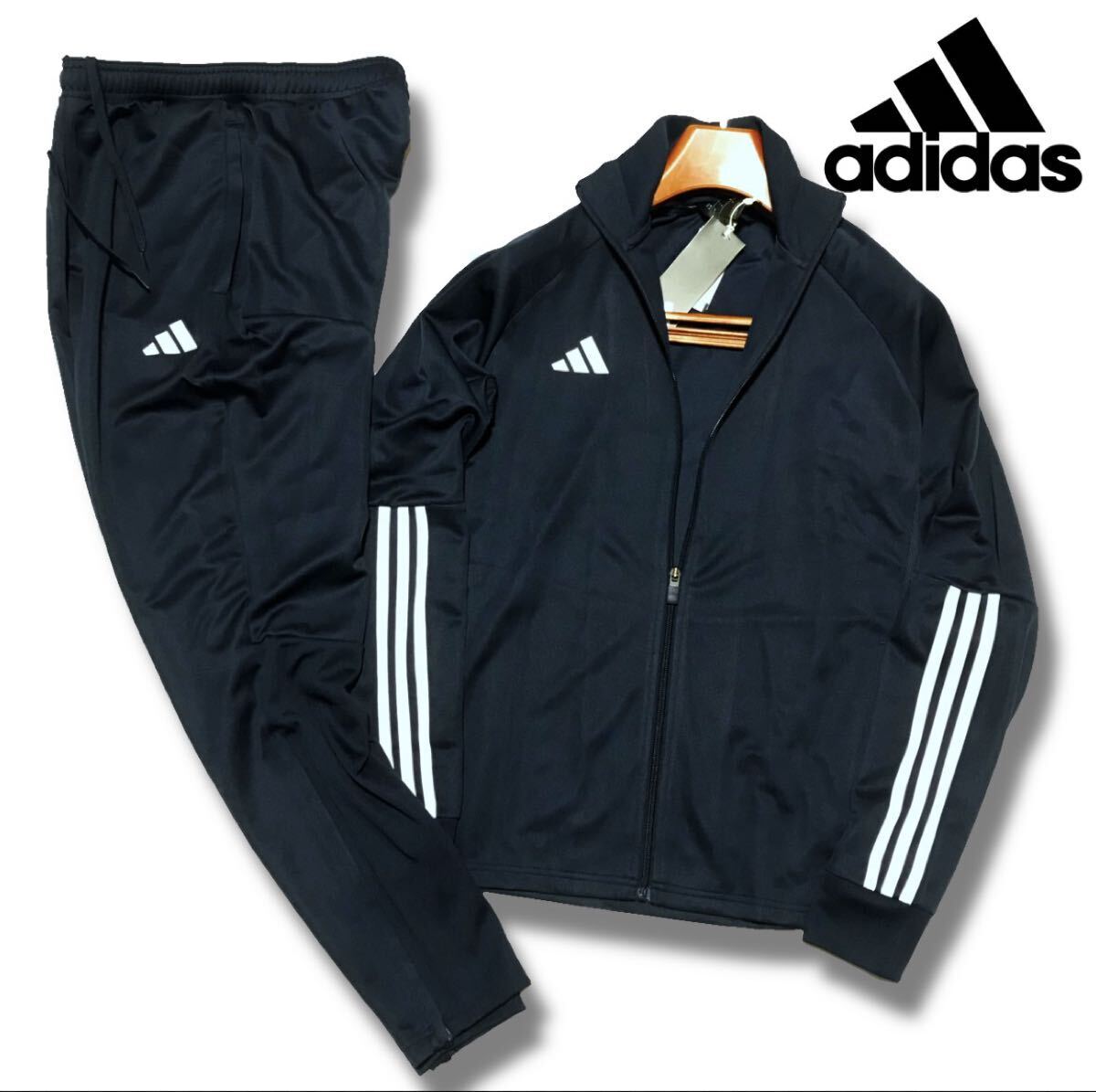 ●C445新品【メンズXXL(XO)】紺ネイビー adidas アディダス 上下セット ジャージ セットアップ スリム ストレッチ オールシーズン ロゴ刺繍拍卖