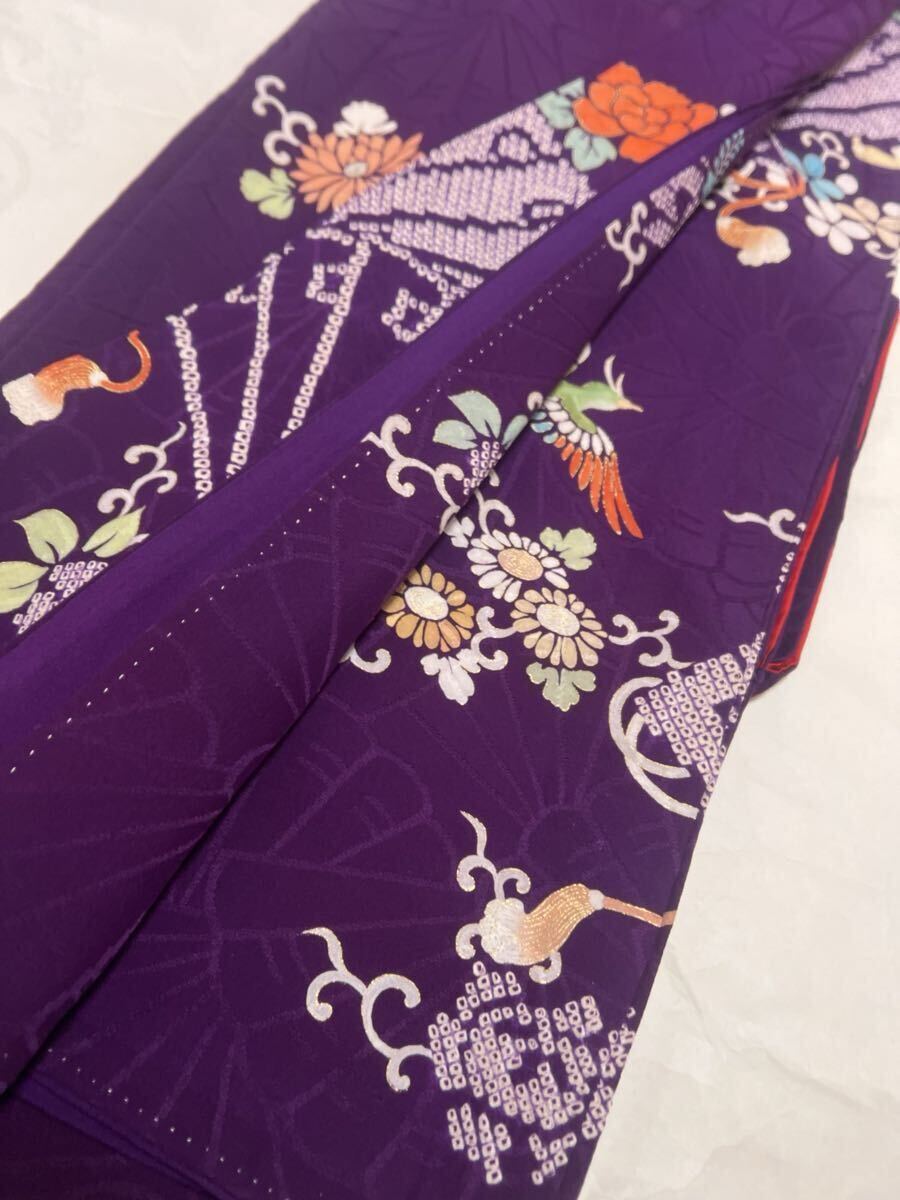 アンティーク着物 訪問着 紫 絞り 正絹 昭和レトロ 大正ロマン 花鳥 一つ紋拍卖