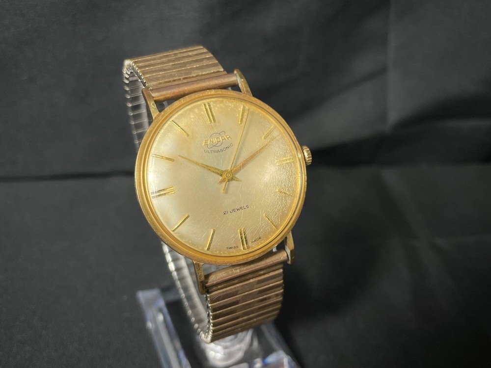 【6PW264】1円スタート ENICAR エニカ ULTRASONIC ウルトラソニック 腕時計 稼動品 100/149PS 手巻き 21石 ゴールド文字盤 K18 現状品拍卖