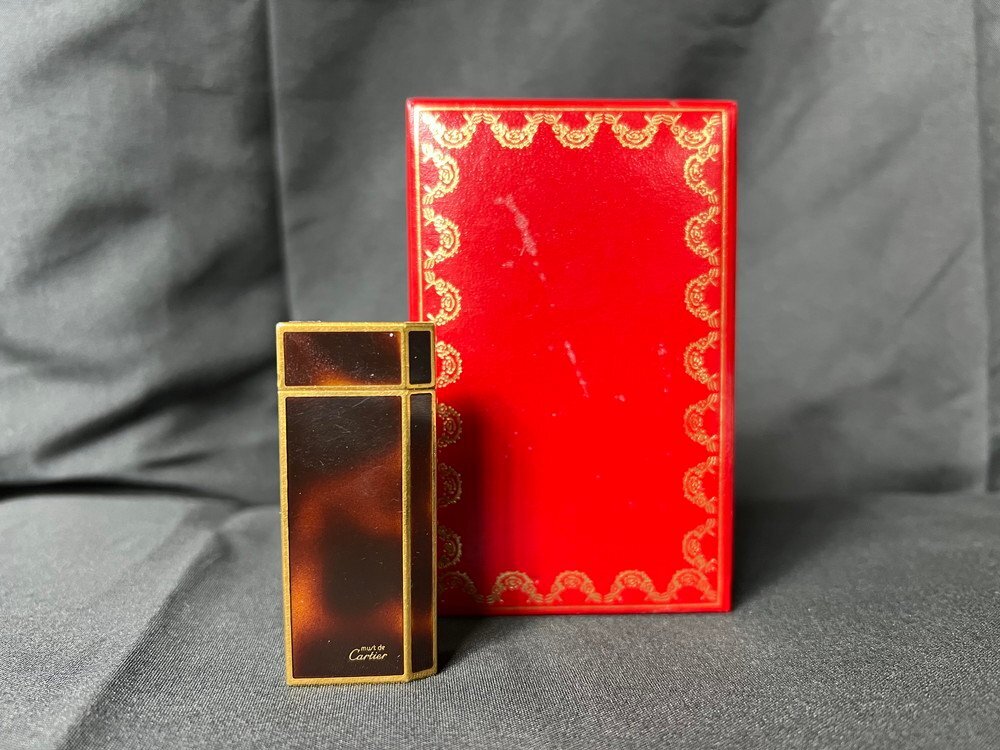 【6P3810】1円スタート Cartier カルティエ ガスライター ローラー式 スクエア ゴールド×ブラウン 専用箱付 喫煙具 ブランド小物 現状品拍卖
