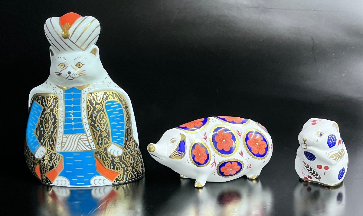 【6APZ004】ROYAL CROWN DERBY ロイヤルクラウンダービー Royal Cats ロイヤルキャッツ ネズミ 豚 3点まとめ 干支 置物 オブジェ 現状品拍卖