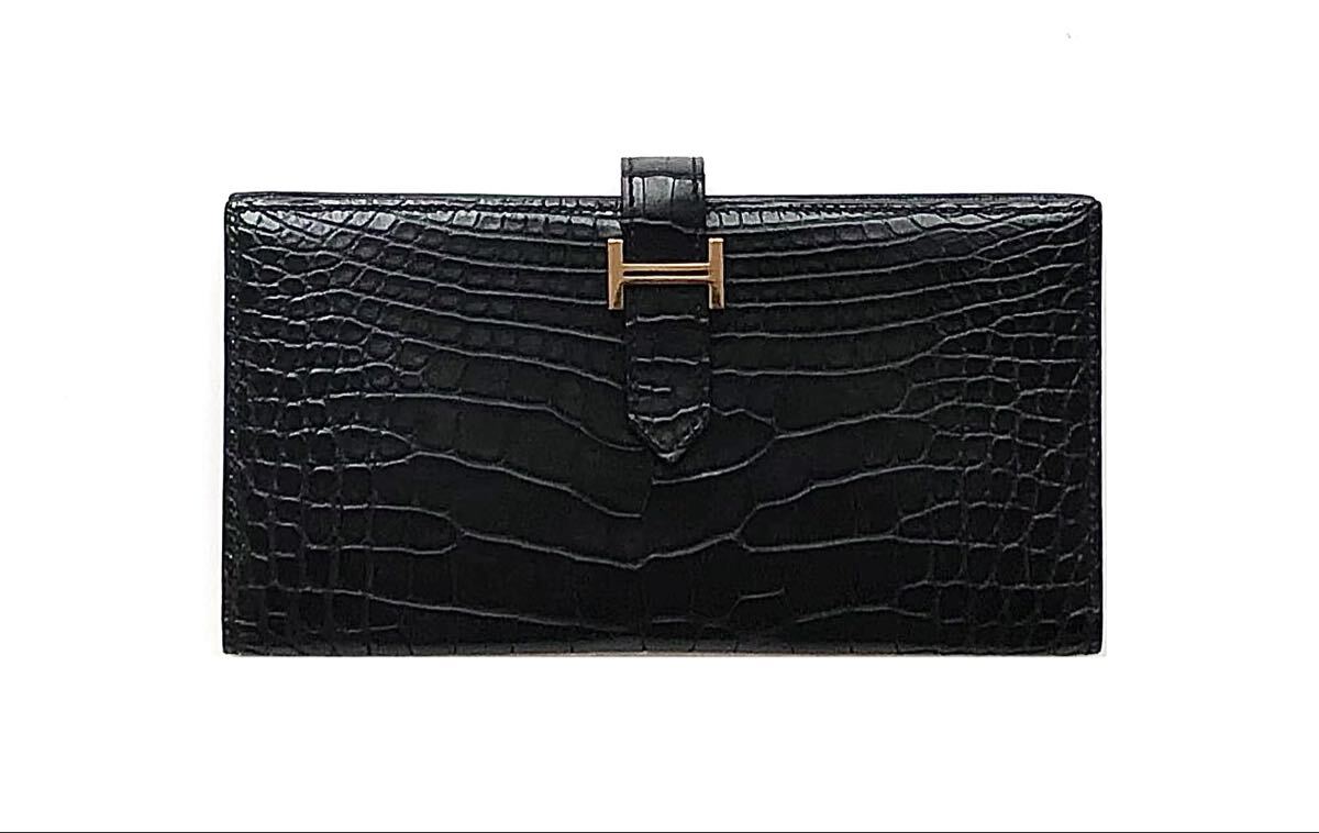 極美品☆エルメス HERMES クロコダイル アリゲーター マット 長財布 二つ折り ベアン Bearn ベアンスフレ ノワール 黒 ブラック拍卖
