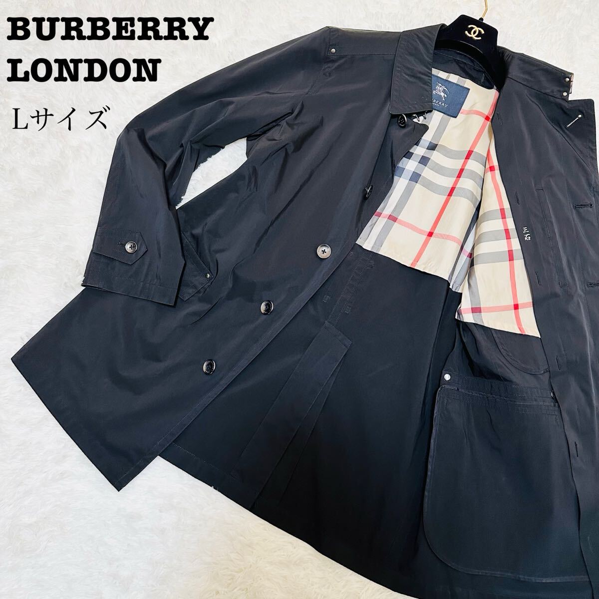 【美品】 BURBERRY LONDON バーバリーロンドン ブラック Lサイズ ステンカラーコート ノバチェック ギガチェック メガチェック メンズ拍卖