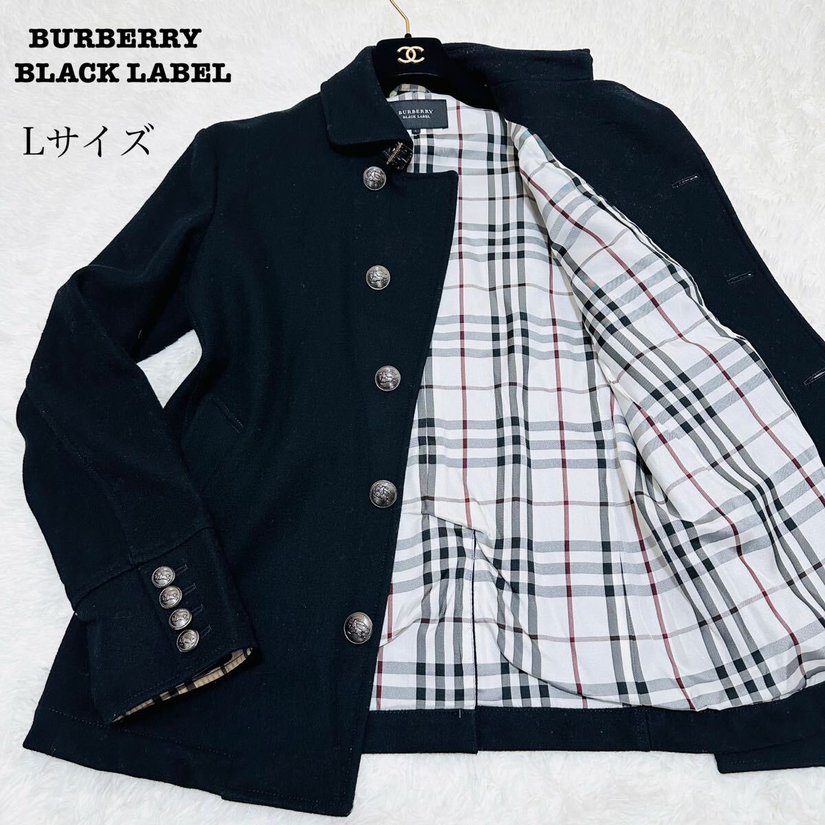 【銀ボタン】 BURBERRY BLACK LABEL バーバリーブラックレーベル ブラック 黒 ノバチェック ナポレオンコート Lサイズ ウール メンズ拍卖