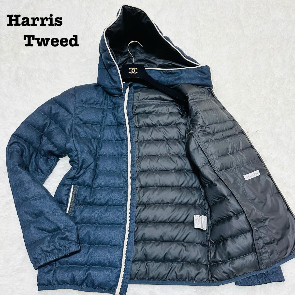 ダウン90% ハリスツイード ダウンジャケット ネイビー ダウン ジャケット 肉厚 160サイズ Mサイズ CLOSSHI フード取り外し 拍卖