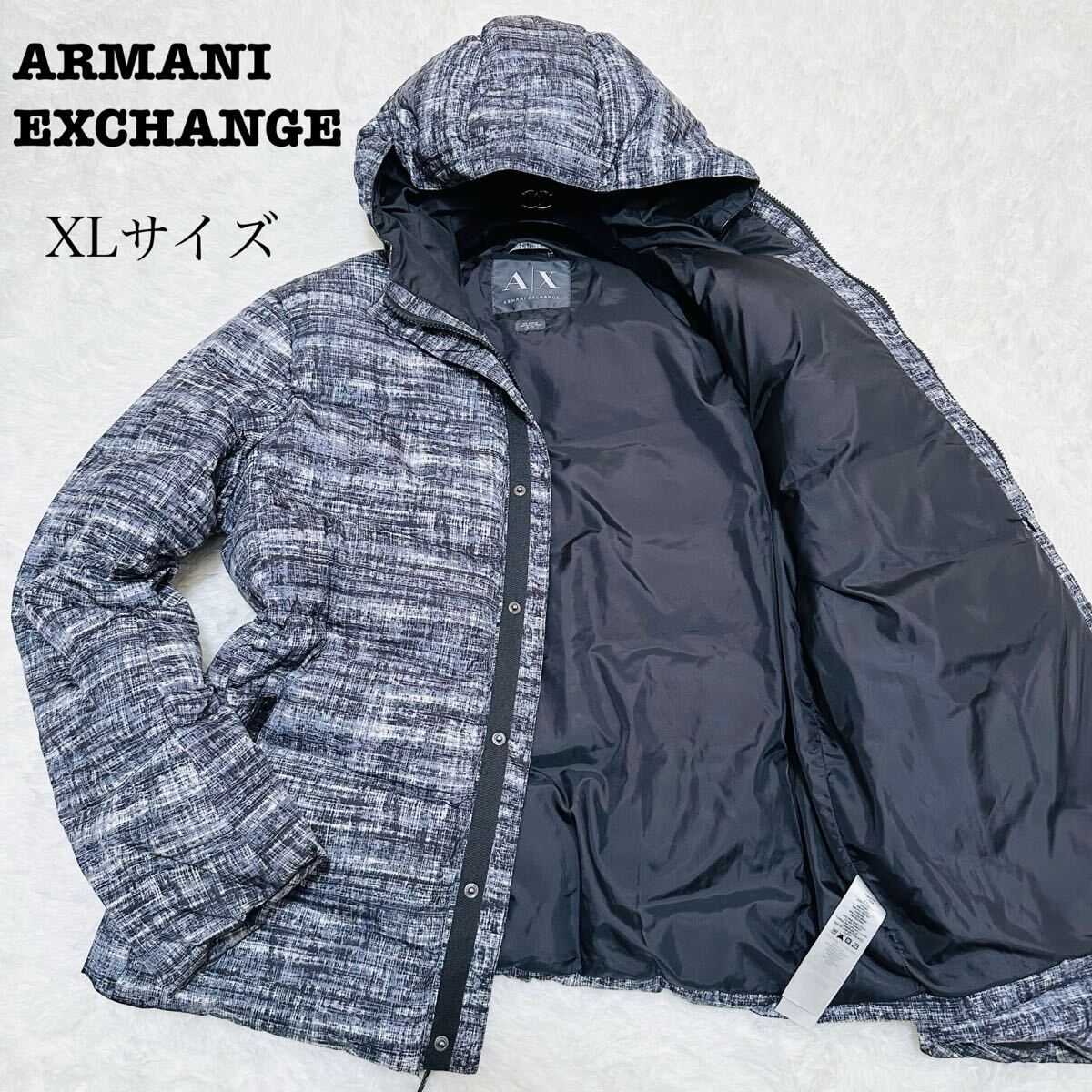 高級ダウン80% XLサイズ ARMANI EXCHANGE ダウンジャケット アウター ネイビー ブルー アルマーニエクスチェンジ フード付き メンズ拍卖