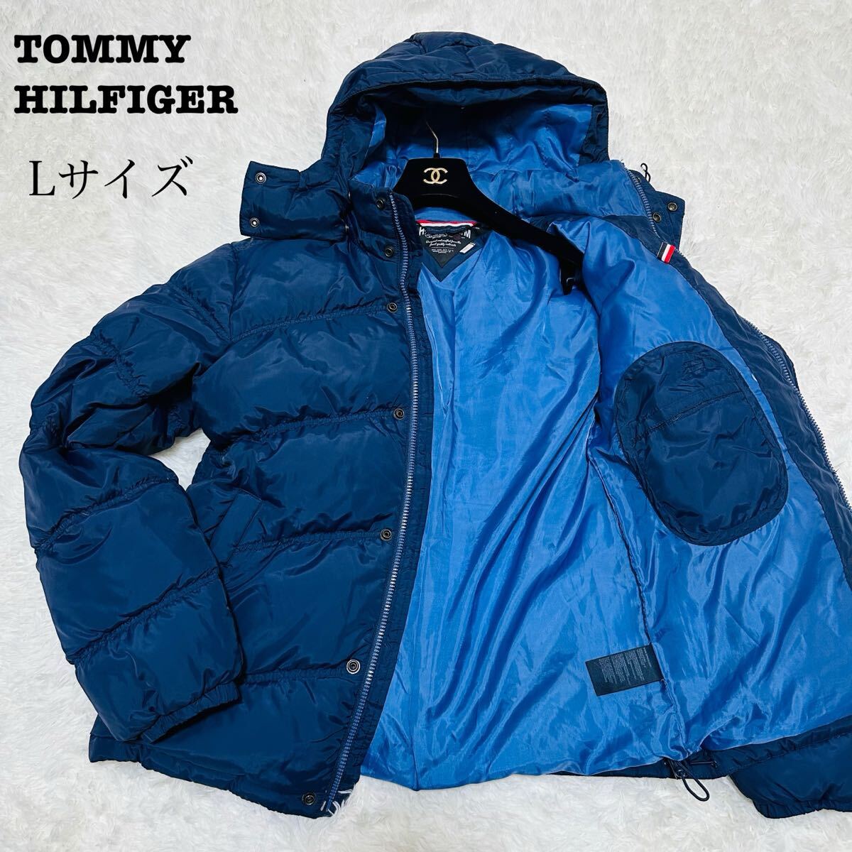 高級ダウン60% TOMMY HILFIGER トミーヒルフィガー ダウンジャケット 刺繍ロゴ アウター ネイビー ワッペン フード取り外し可能 2way拍卖