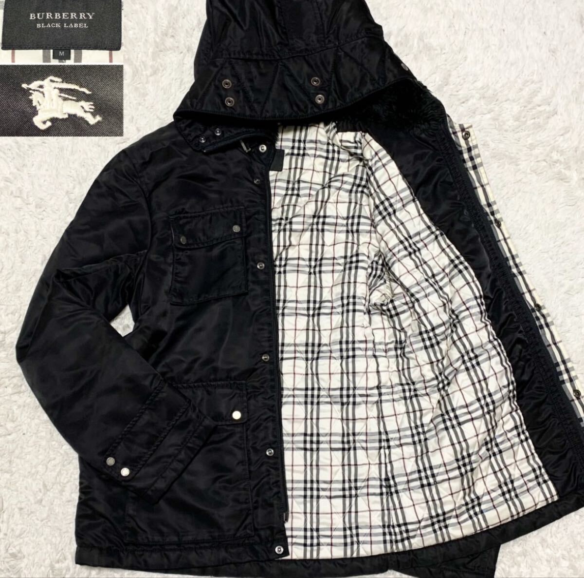 美品 Burberry black label バーバリーブラックレーベル ラビットファー ジャケットフード付き ロゴ刺繍拍卖