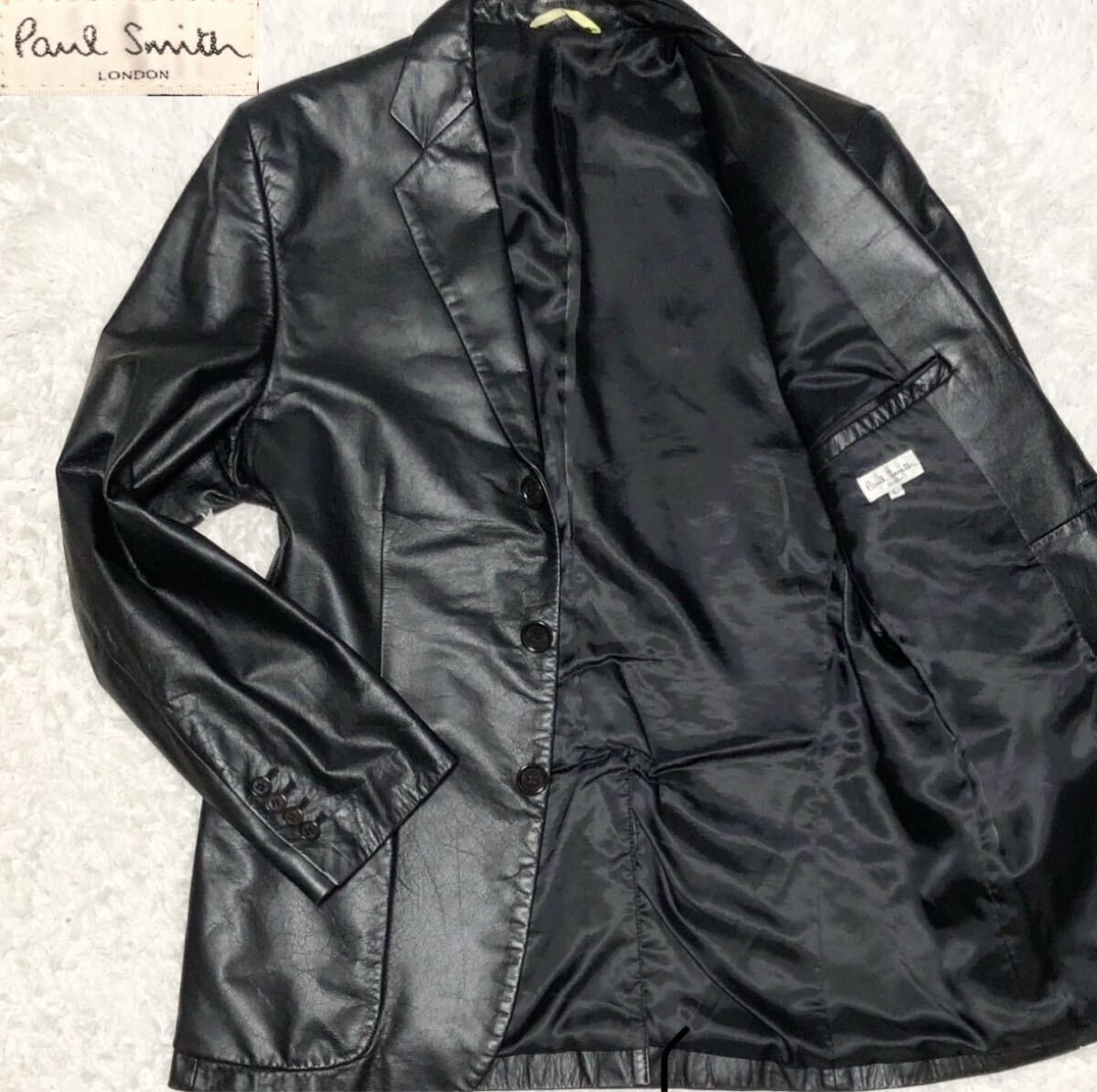 美品 / XL相当 【圧巻光沢感】Paul Smith ポールスミス テーラードジャケット 牛革 カウレザー ブラック 黒 秋冬 総裏拍卖