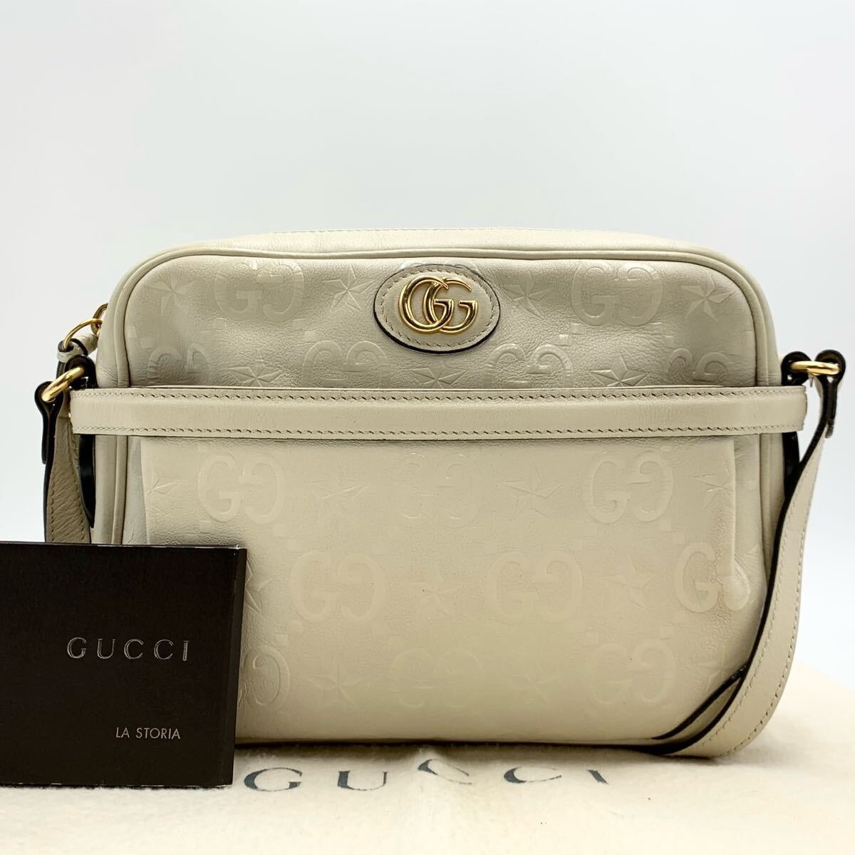希少!美品 GUCCI グッチ オフィディア GGスターエンボス ショルダーバッグ 斜め掛けバッグ クリームホワイト拍卖