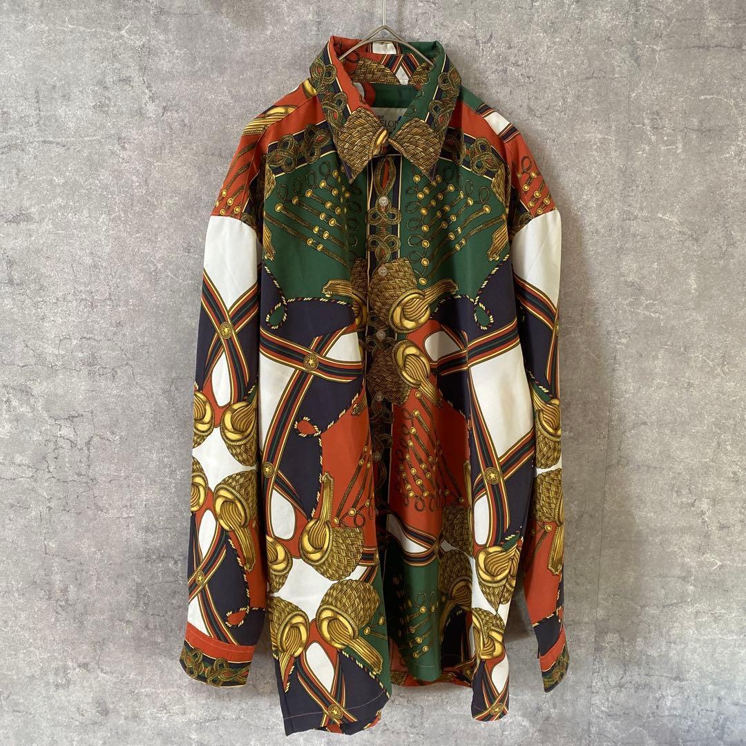 ユーロデザインシャツ 長袖 ゆったり 総柄シャツ Mサイズ拍卖