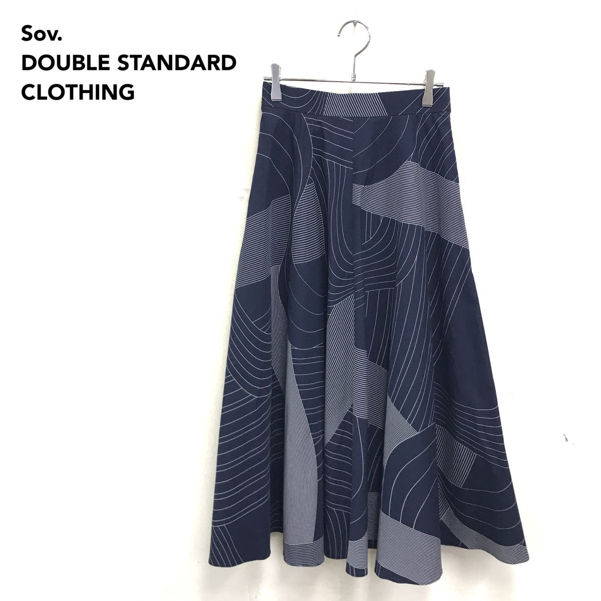 2N1066-Q◆Sov. DOUBLE STANDARD CLOTHING ダブルスタンダードクロージング フレアスカート 総柄 ウエストゴム◆size 36 ネイビー 紺 綿 麻拍卖