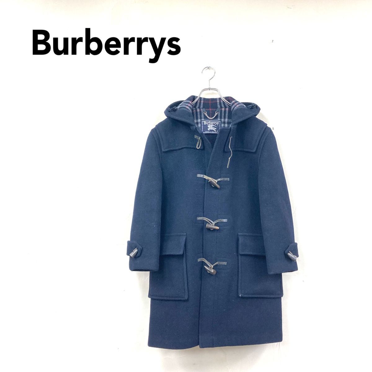 2N1102-U-N◆英国製◆Burberrys バーバリーズ ダッフルコート トグルボタン 裏地チェック レトロ 秋冬 メンズ◆紺 ネイビー ウール100拍卖