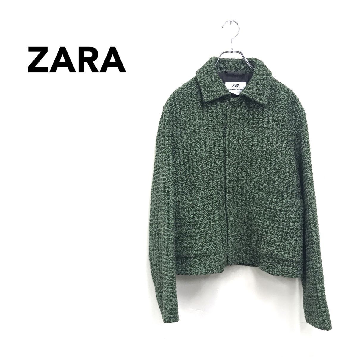 2O3279-G◆良品◆ ZARA ザラ ウールブレンドミックスヤーンジャケット スナップボタン ショート丈 ◆ sizeM グリーン アクリル 毛拍卖