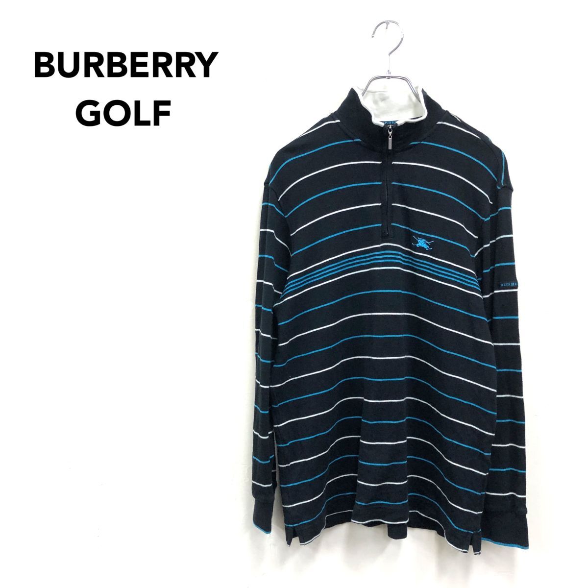 2O3074-G-N◆ BURBERRY GOLFバーバリーゴルフ ボーダーハーフジッププルオーバー カットソー ロンT 袖口リブ スリット ◆ sizeL 黒 綿 羊毛拍卖