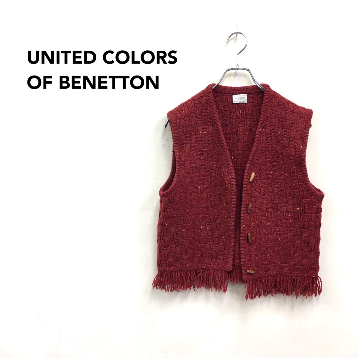 2N2127-G-N◆ UNITED COLORS OF BENETTON ベネトン イタリア製 フリンジヘムウールミックスヤーンニットベスト バスケット織 ◆ sizeM 赤拍卖