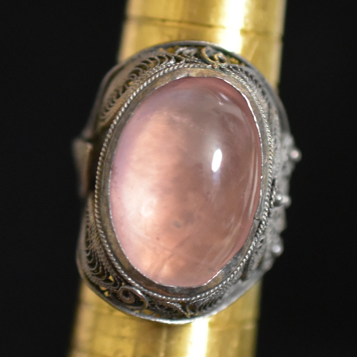 アンティーク Silver刻印あり/シルバー 高品質ローズクォーツと銀細工のリング/指輪 フリーサイズ 10号 本物保証拍卖