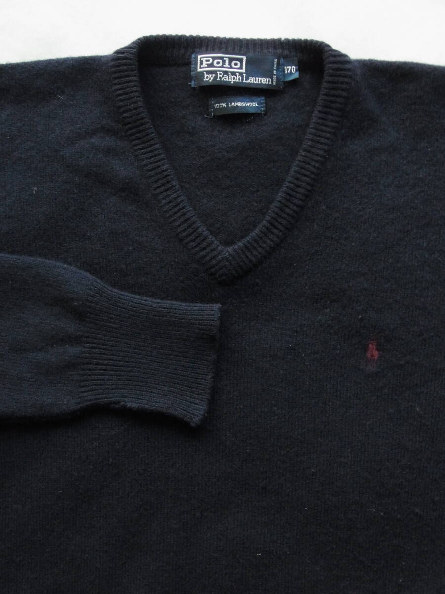 RALPH LAUREN ラルフローレン ラムズウール 100% Vネックセーター サイズ ボーイズサイズ170 ネイビー拍卖
