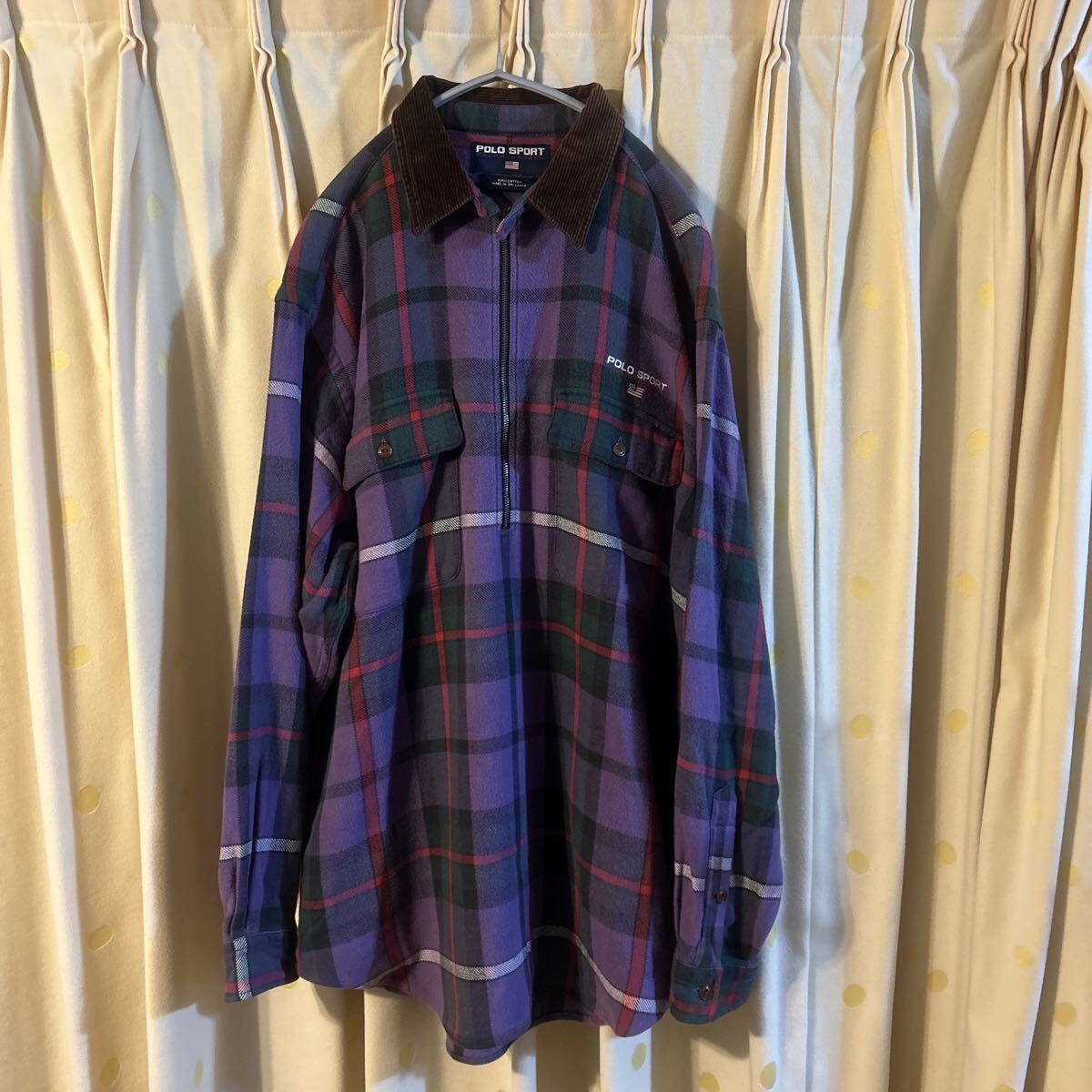 レア 90S POLO SPORT チンスト付 襟コーデュロイ ジップアップ プルオーバー ヘビネル チェックシャツ サイズL 状態良し拍卖