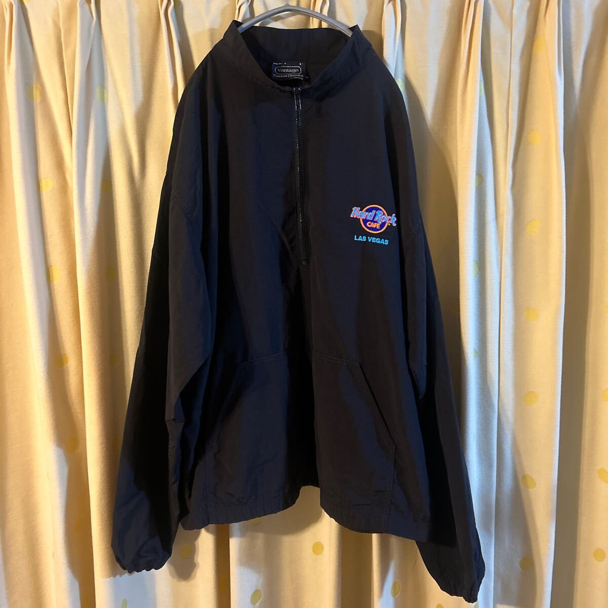 90S vantage USA製 Hard Rock CAFE ハーフジップ プルオーバー ナイロンジャケット サイズL ブラック 状態良し拍卖