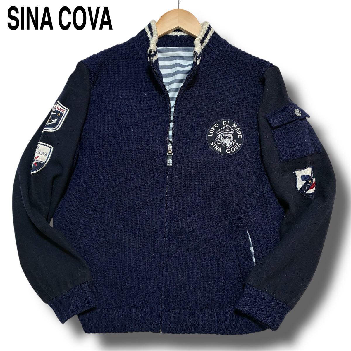 希少Lサイズ◆ シナコバ SINA COVA ジップアップ ニット ジャケット 切替 ドライバーズニット ワッペン ブルゾン ボーダー ネイビー メンズ拍卖