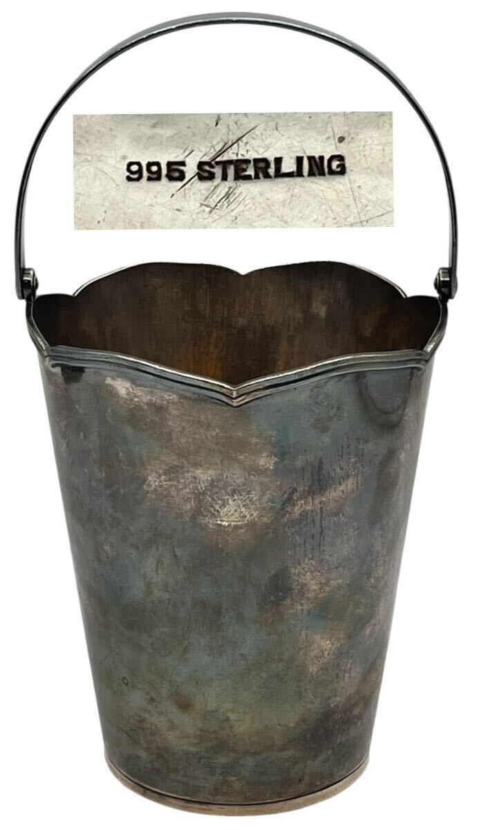 【鶴】銀保証 995 STERLING 刻印 アイスペール ワインクーラー バケツ 高さ約23.5cm 重さ約503.4g◯銀製・カトラリー・シルバー ・純銀A537拍卖