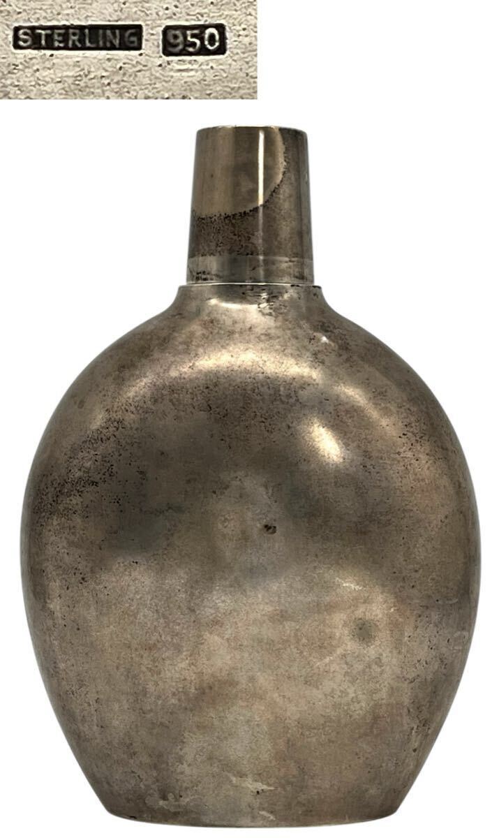 【鶴】銀保証 STERLING 950 刻印 特大 スキットル 水筒 ウイスキーボトル H約20.5cm 重さ約505.4g◯銀製・カトラリー・シルバー A538拍卖