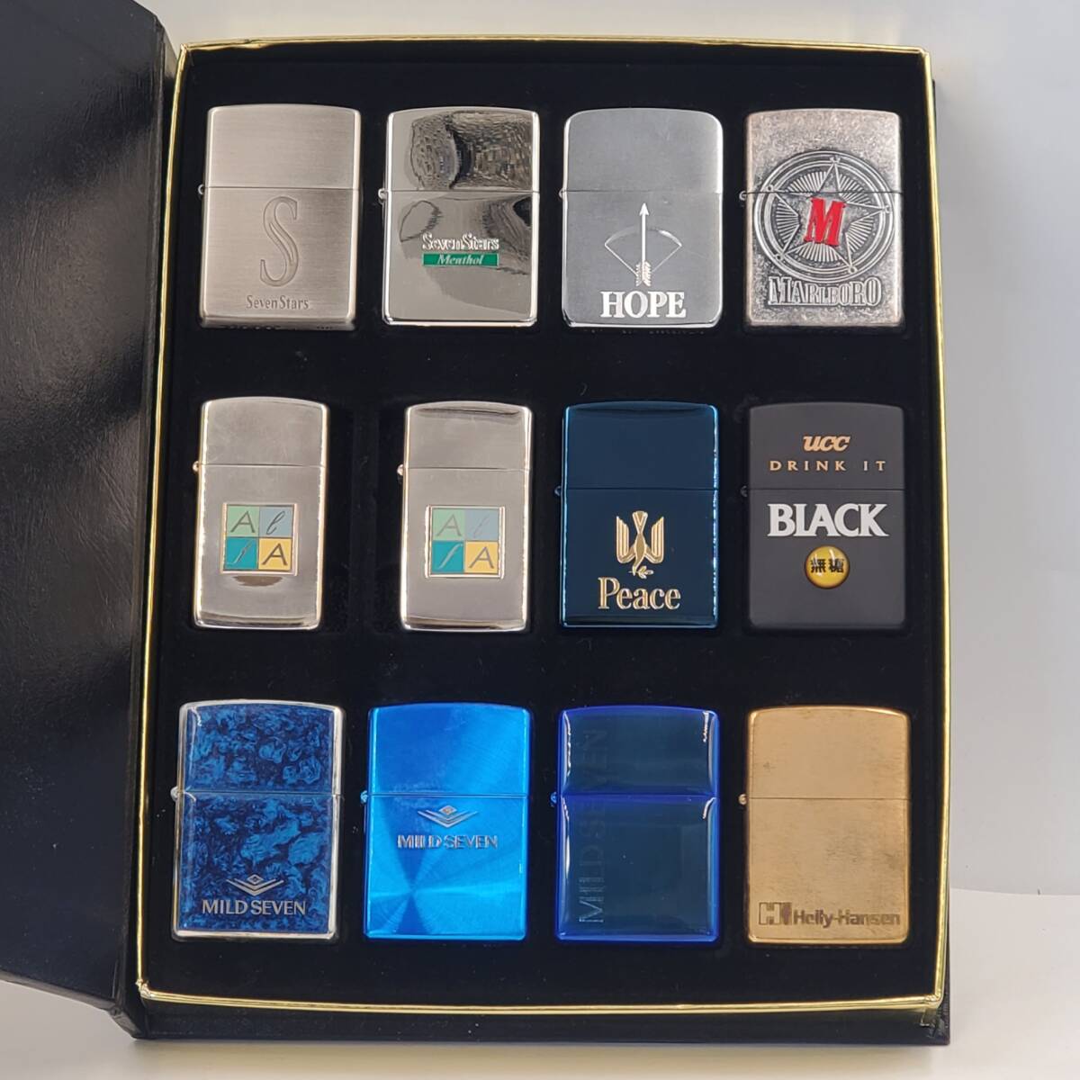 zippo ライター まとめ 12個 コレクターズケース付 マルボロ マイルドセブン セブンスター HOPE Peace AlfA Helly Hansen ジッポー #42700拍卖