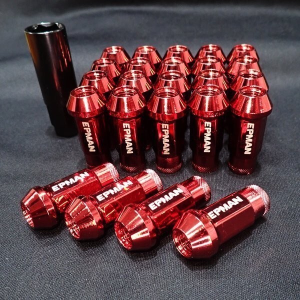貫通 ホイールナット スチール M12 P1.5 17HEX 48mm 6穴 ハイエース ロング 24個 赤 レッド カスタムナット エアバルブキャップ付き拍卖