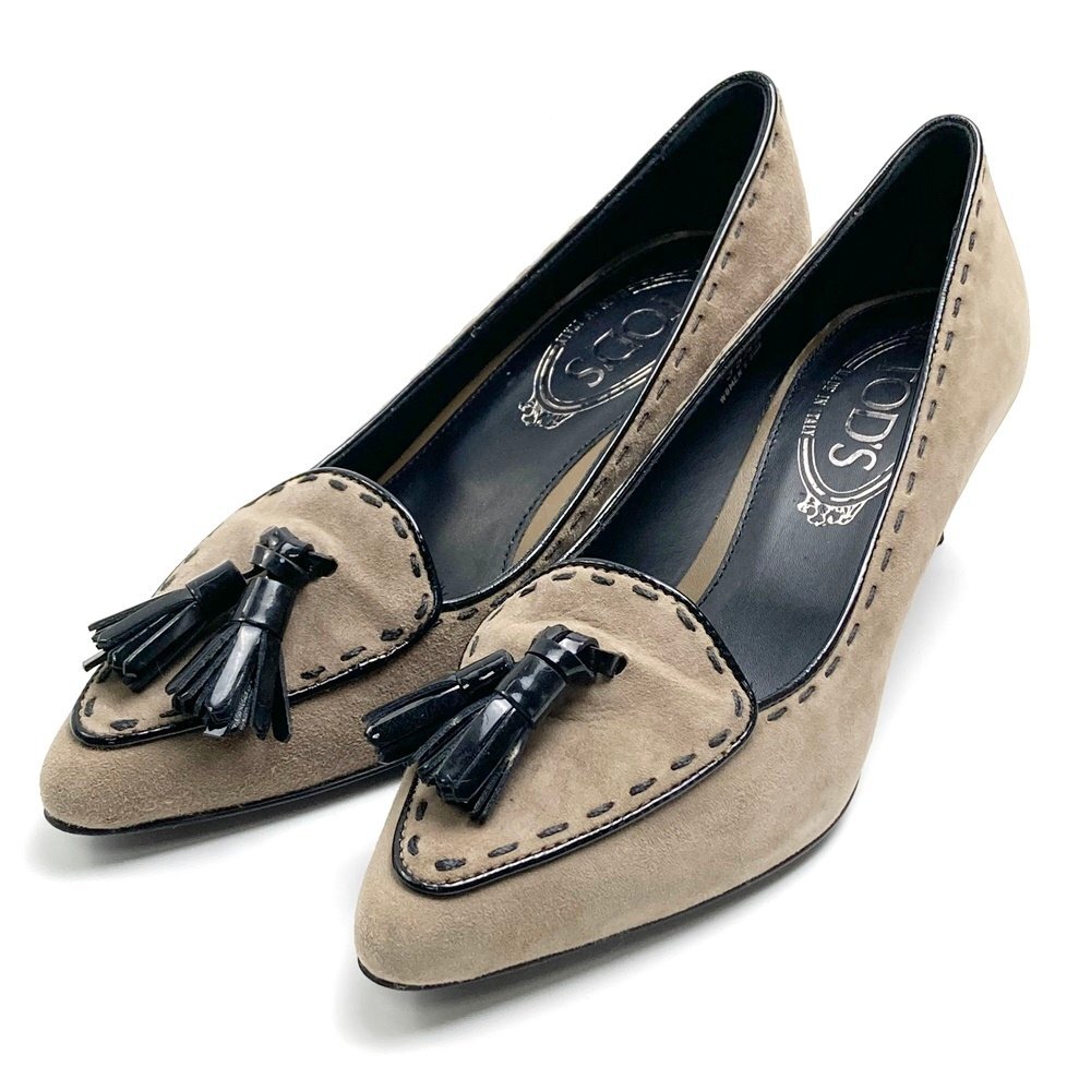rm) TOD'S トッズ パンプス サイズ:35 1/2 約 22.5cm タッセル ステッチ カーキ ブラック スエード ヒール 靴 ファッション ※中古 保管品拍卖