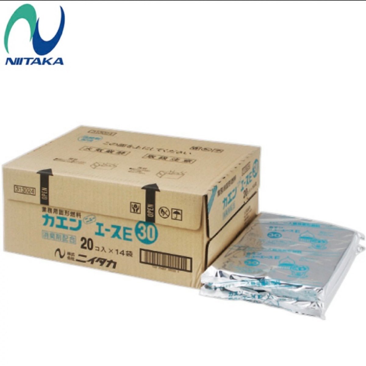 e) ニイタカ 固形燃料 カエン ニューエースE 30 1箱(280個)20個入×14袋 アルミ付 燃焼約18分30秒~26分 業務用 一人鍋 未開封品 簡易梱包拍卖