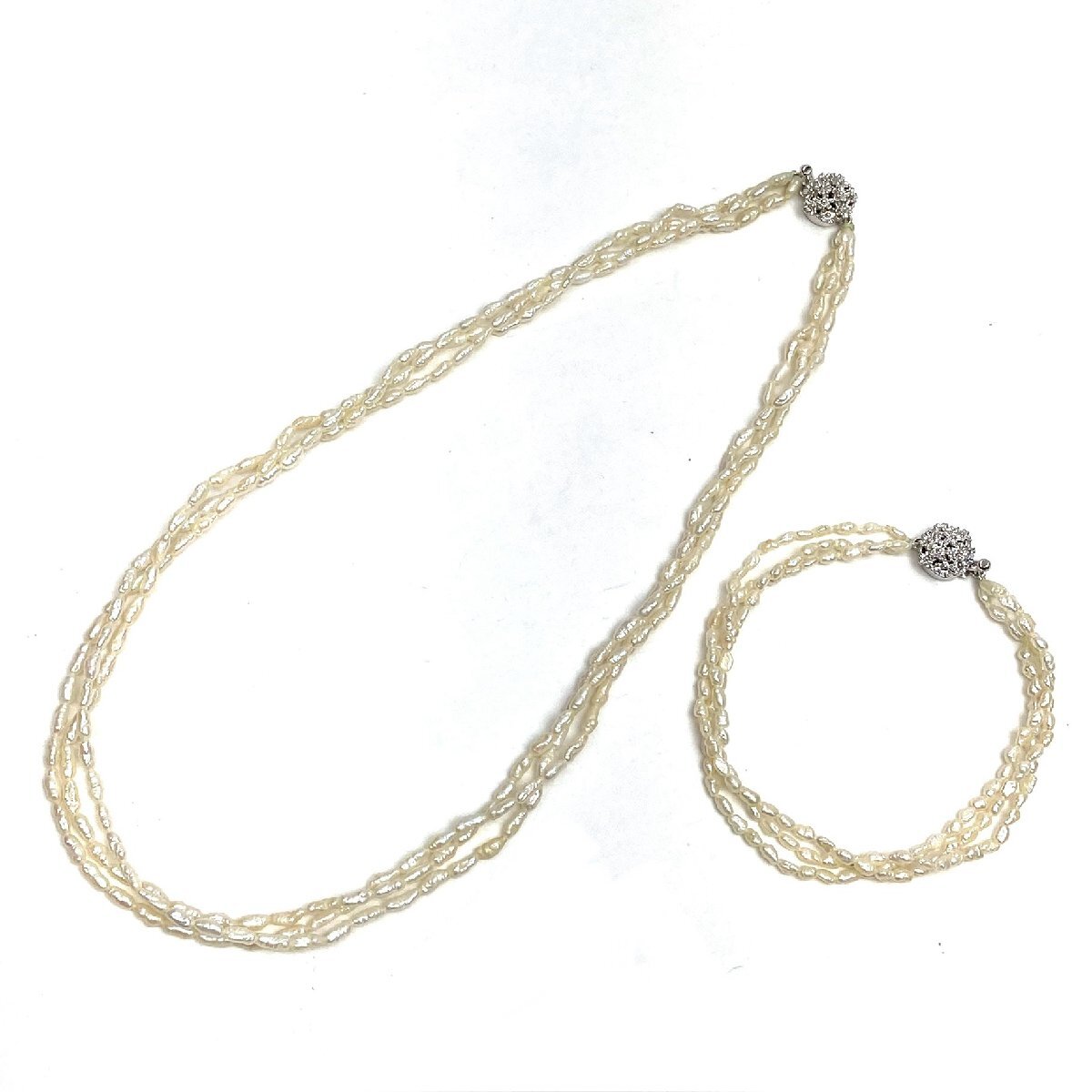 t) 淡水パール 3連 ネックレス/ブレスレット セット SILVER シルバー金具 重量約14.7g/6.9g ネックレス全長約45cm アクセサリー 中古 USED拍卖