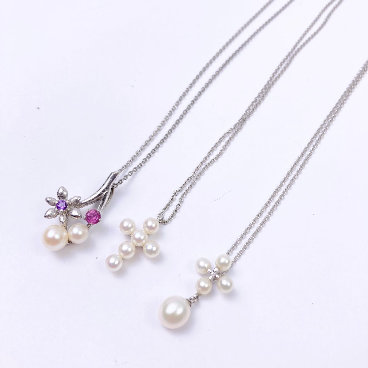 *rm) TASAKI タサキ パール SILVER シルバー 銀 ネックレス ペンダント アクセサリー 首飾り 十字架 花 フラワー 3点まとめ セット※中古拍卖
