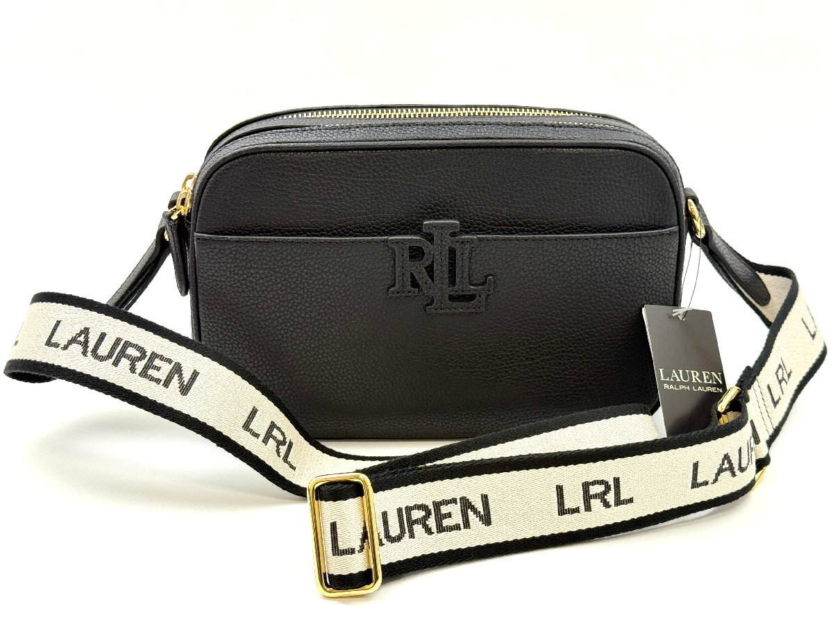 A) RALPH LAUREN LRL ラルフローレン 牛革 レザー ブラック系 Wファスナー ショルダーバッグ タグ付き ブランド アウトレット 未使用品拍卖