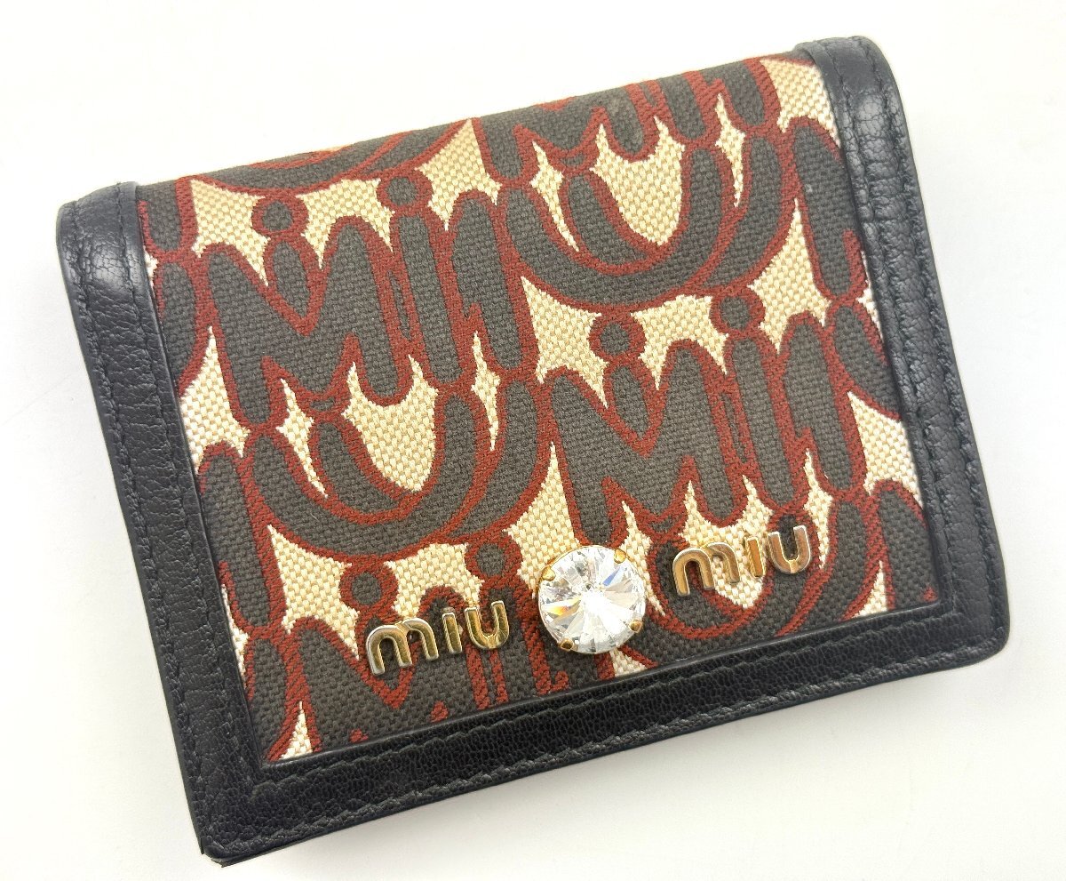 A)miumiu ミュウミュウ 二つ折り財布 5MV204 コンパクトウォレット エムエムパリス ビジュー キャンバス×レザー やぎ革 中古拍卖
