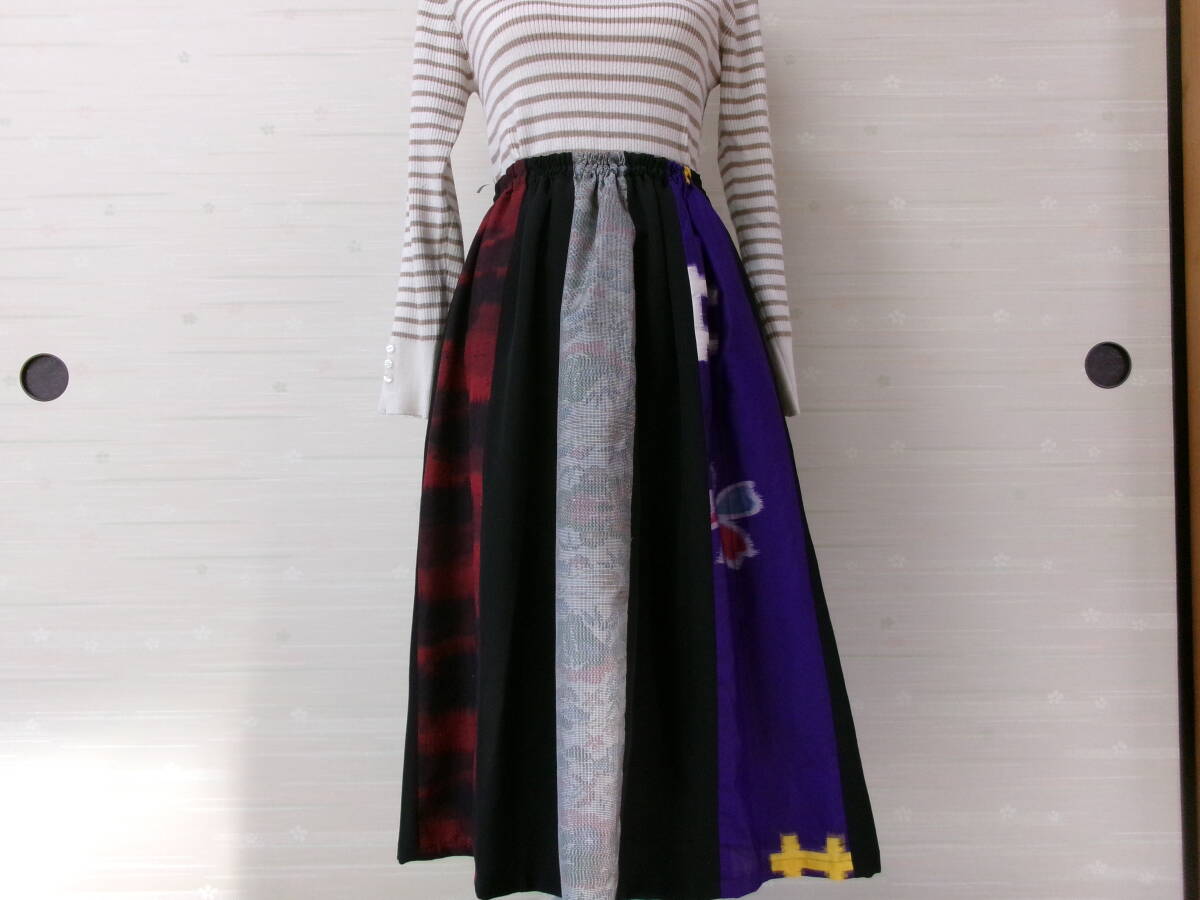 着物リメイク★裏付きギャザースカート④★正絹★Lサイズ★丈75㎝★ゴム調節可能★裏付きで暖かい拍卖
