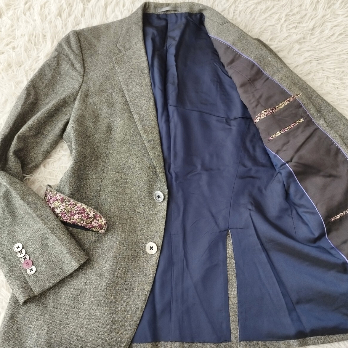 【美品 極上カシミヤ100%】 ポールスミス テーラードジャケット 花柄 パイピング 手触り◎ 高級感◎ ミックスグレー M Paul Smith LONDON拍卖