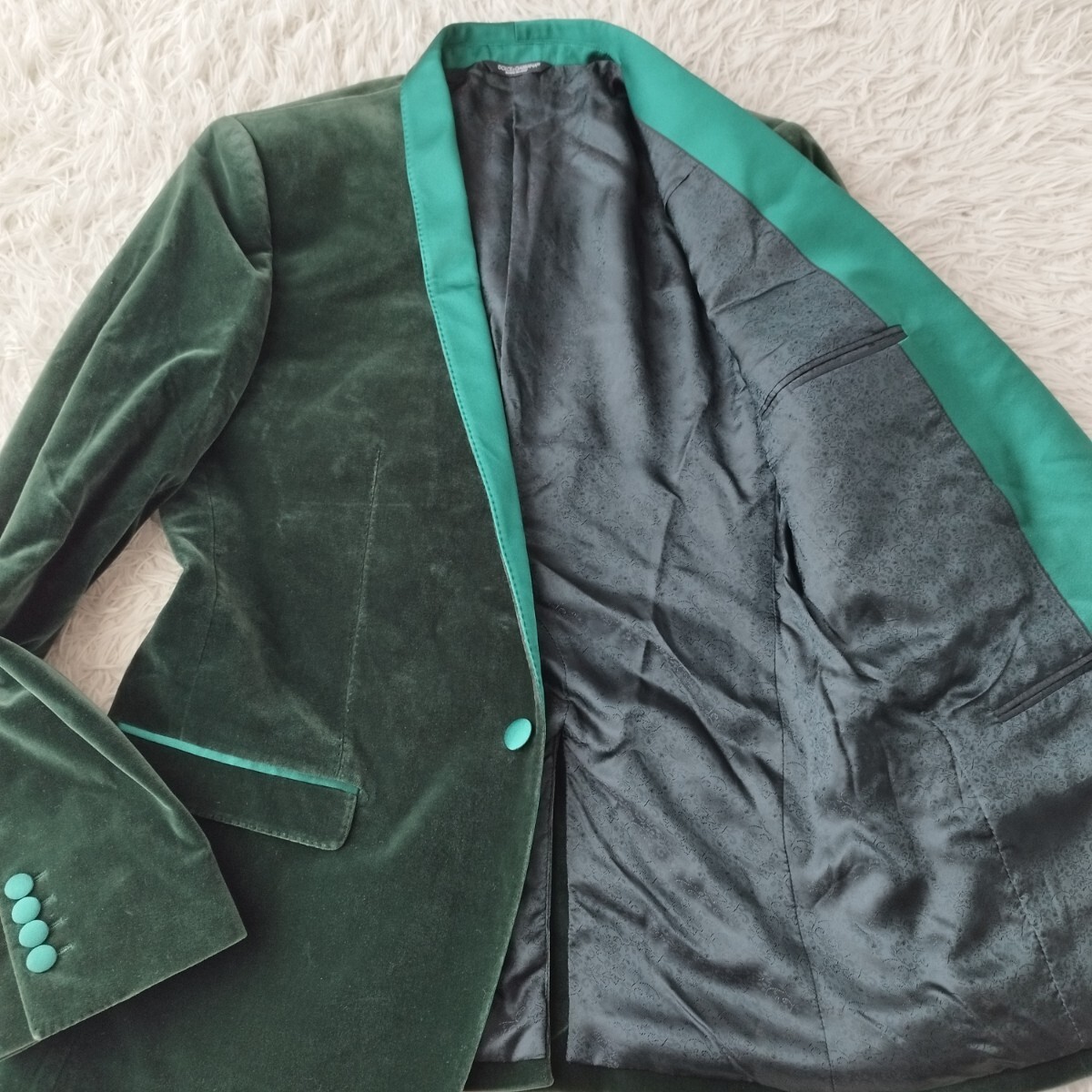 【美品 希少XL】 最高級 ドルチェアンドガッバーナ ベロア テーラードジャケット 裏地総柄 起毛 ベルベット グリーン LL 50 DOLCE&GABBANA拍卖