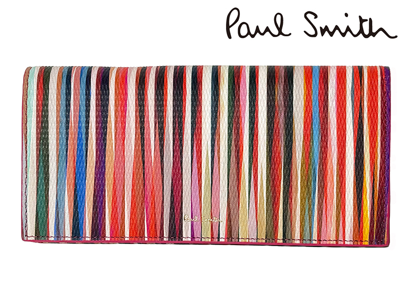 ポールスミス W1A 5078 S50143 型押しロゴ入り マルチカラー ストライプ柄 レザー ロング ウォレット 長財布拍卖