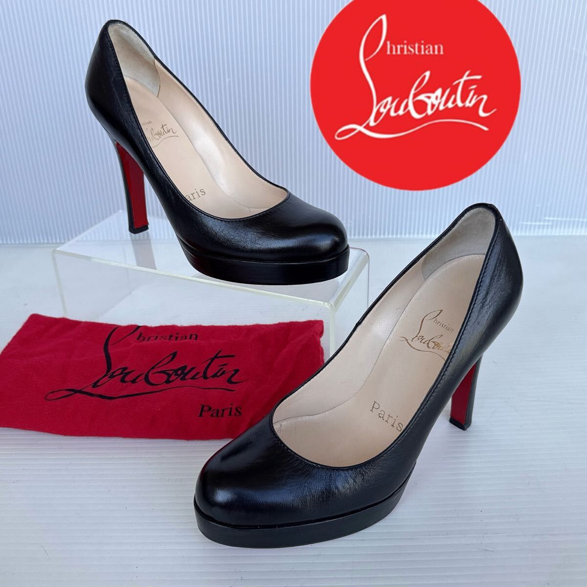 Christian Louboutin クリスチャンルブタン 厚底 ハイヒール パンプス サンダル ラウンドトゥ レザー 黒 極美品 レーディス シューズ 靴 35拍卖