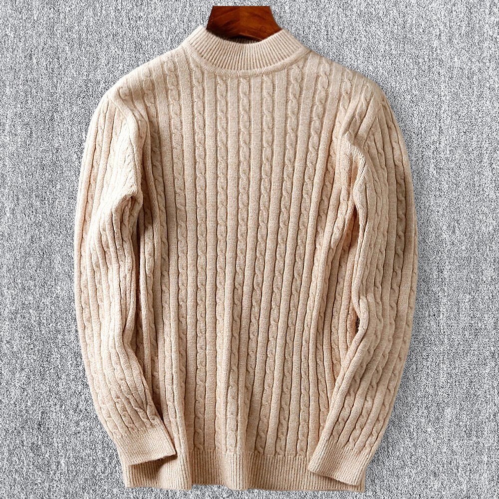 新品 DCKMANY ウール混 リブ ニット ジャガード ケーブル セーター ハイネック メンズ 暖かい 秋冬 プルオーバー カーキ T9026 L-XL程度拍卖