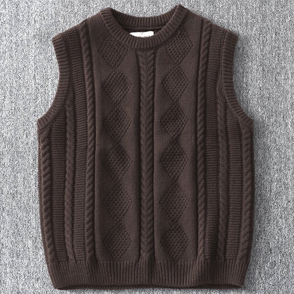 新品 DCKMANY ウール混 アラン編みジャカード 袖なし ベスト 秋冬 メンズ クルーネック ニットベスト 暖かい セーター 茶 T1183-XL拍卖