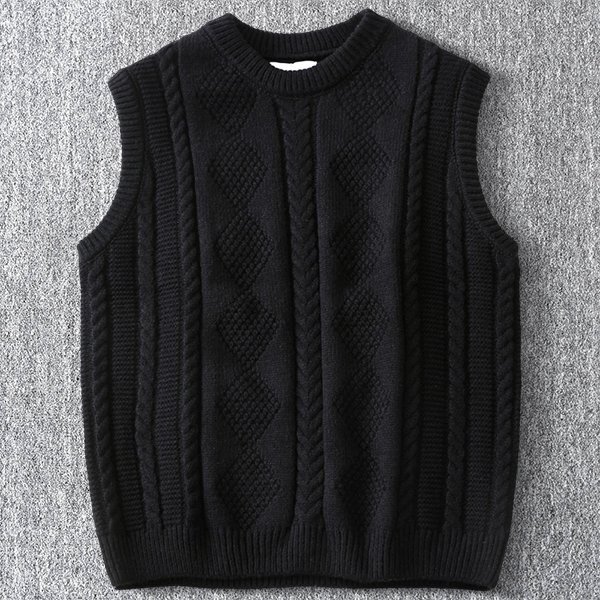新品 DCKMANY ウール混 アラン編みジャカード 袖なし ベスト 秋冬 メンズ クルーネック ニットベスト 暖かい ニットセーター 黒 T1181-XL拍卖