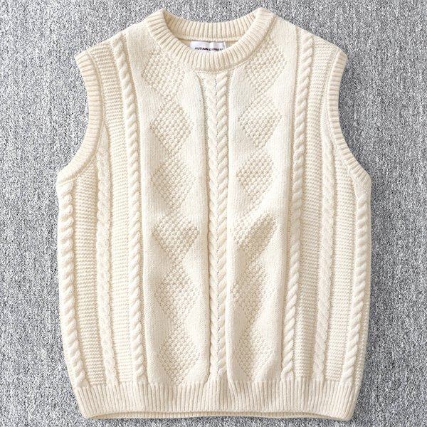 新品 DCKMANY ウール混 アラン編みジャカード 袖なし ベスト 秋冬 メンズ クルーネック ニットベスト 暖かい セーター ベージュ T1182-M拍卖